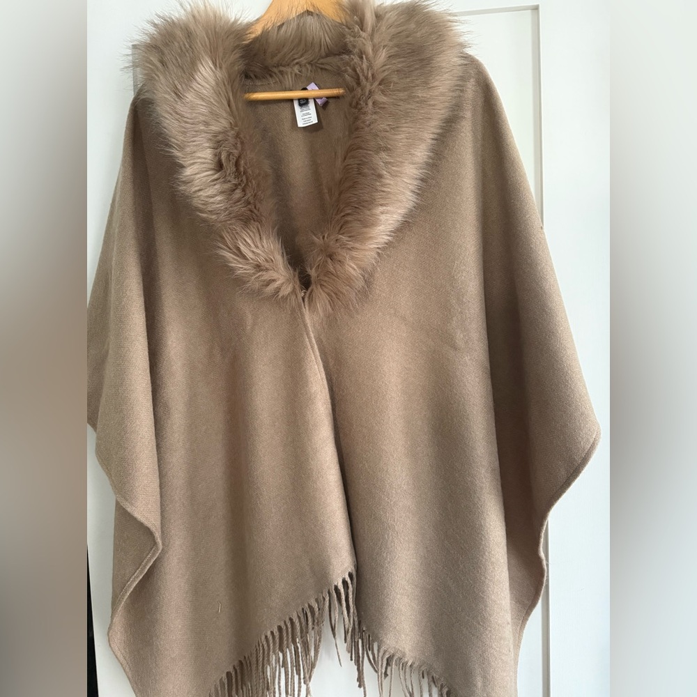 Talbots Tan Poncho with Faux Fur Trim